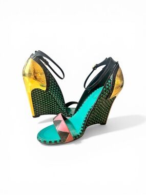 Sergio Rossi Turquoise, Gold & Pink Geometric Wedge Sandals